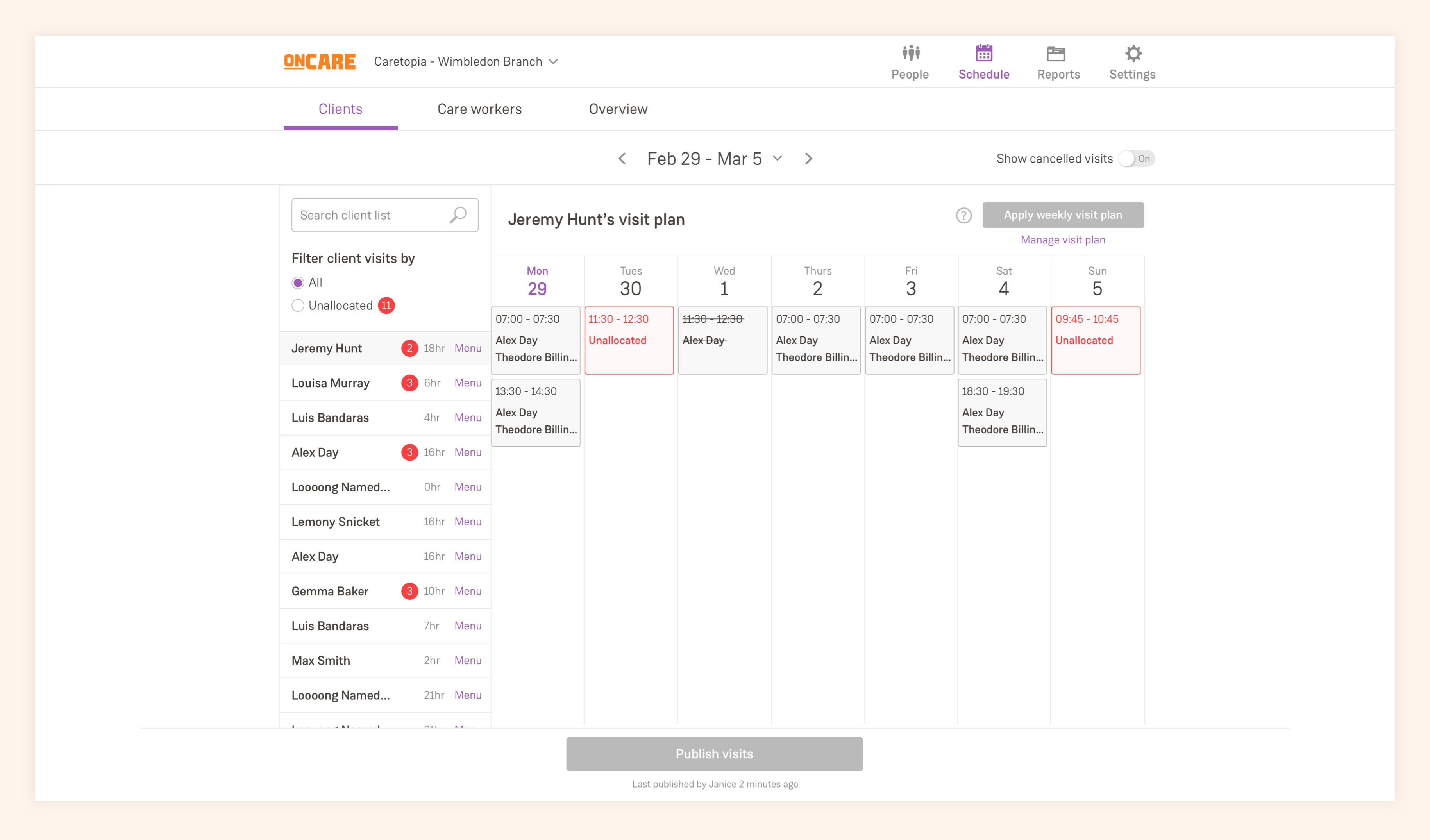OnCare scheduling screen shot of new interface